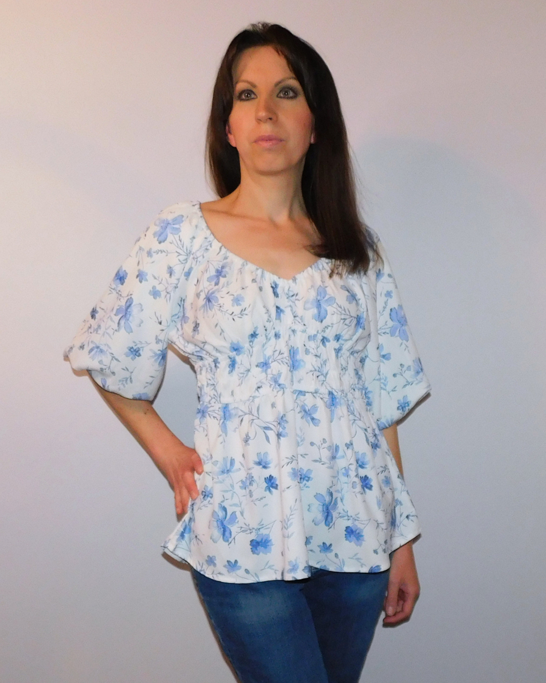 floral peplum blouse, bubble sleeve top, babydoll floral shirt, feminine summer tops, blue floral blouse, romantic puff sleeve top, Sunday in Provence blouse, women's floral tops
