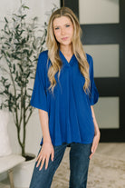 Royal blue top, dolman sleeve blouse, high stretch women's top, loose fit tunic, Bulgari fabric apparel, casual chic tops, split sleeve shirt, summer boutique clothing.
