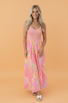 floral maxi dress, smocked summer dress, high waist floral dress, summer dress with pockets, pink floral sun dress, shirred bodice maxi, garden party outfit, cotton floral dress