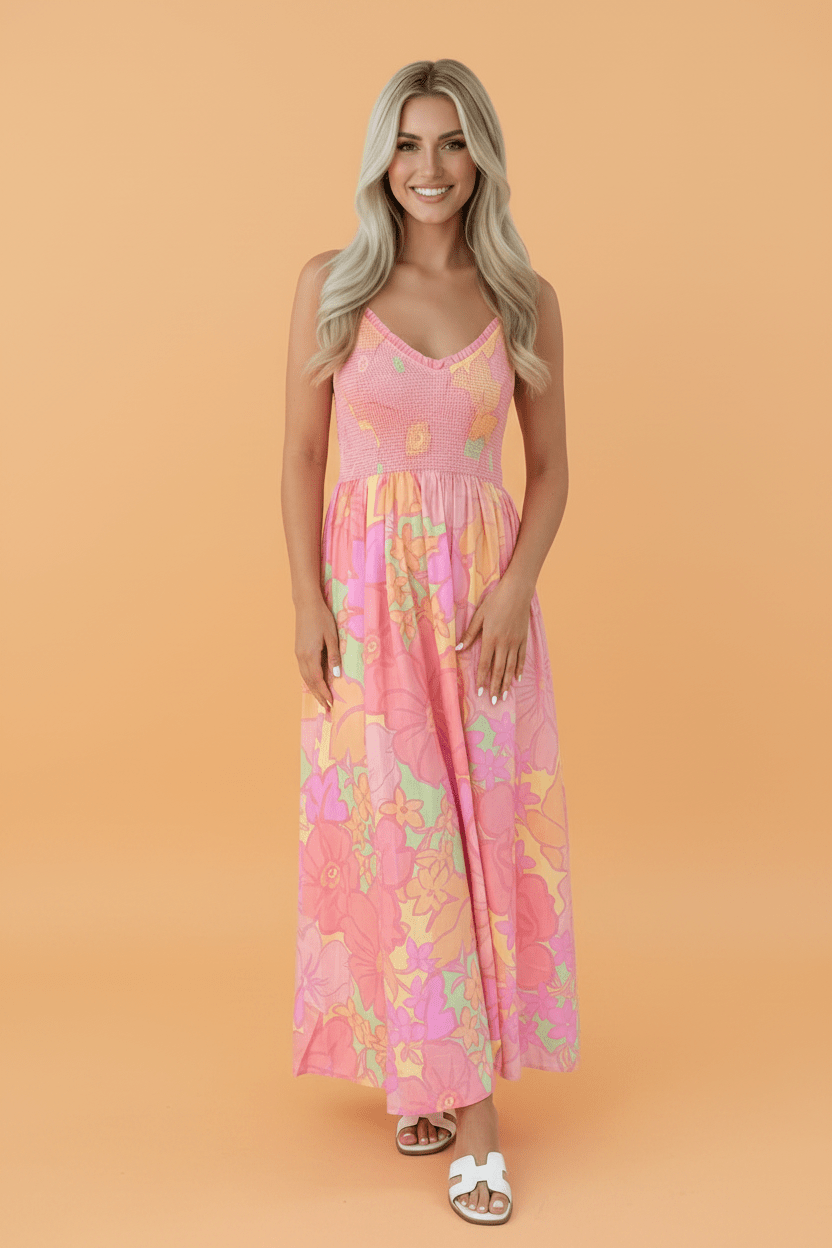 floral maxi dress, smocked summer dress, high waist floral dress, summer dress with pockets, pink floral sun dress, shirred bodice maxi, garden party outfit, cotton floral dress