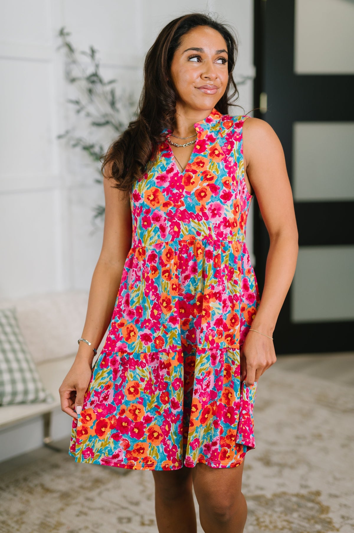 Tiered tank dress, floral sleeveless dress, women's dress with pockets, Bulgari fabric clothing, summer floral dress, v-neck tiered dress, Morning Glory floral print.