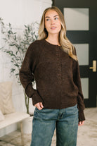 Henley Pullover, Brushed Sweater, Dark Brown Knit, Women’s High Stretch Top, Melange Fabric, Raglan Sleeve Sweater, Relaxed Fit Pullover, Cozy Button Front Top.