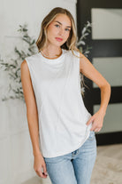 white sleeveless top, pleat detail tank, jersey knit top, minimalist women's fashion, white summer blouse, chic casual wear, architectural seam top