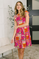 patchwork floral dress, flutter sleeve summer dress, Bulgari fabric clothing, wrinkle resistant travel dress, tiered floral midi dress, women's dress with pockets, boho chic summer fashion