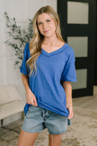 royal blue tee, women's v-neck t-shirt, relaxed fit cotton top, heathered knit shirt, drop shoulder tee, casual blue top, breathable cotton basics