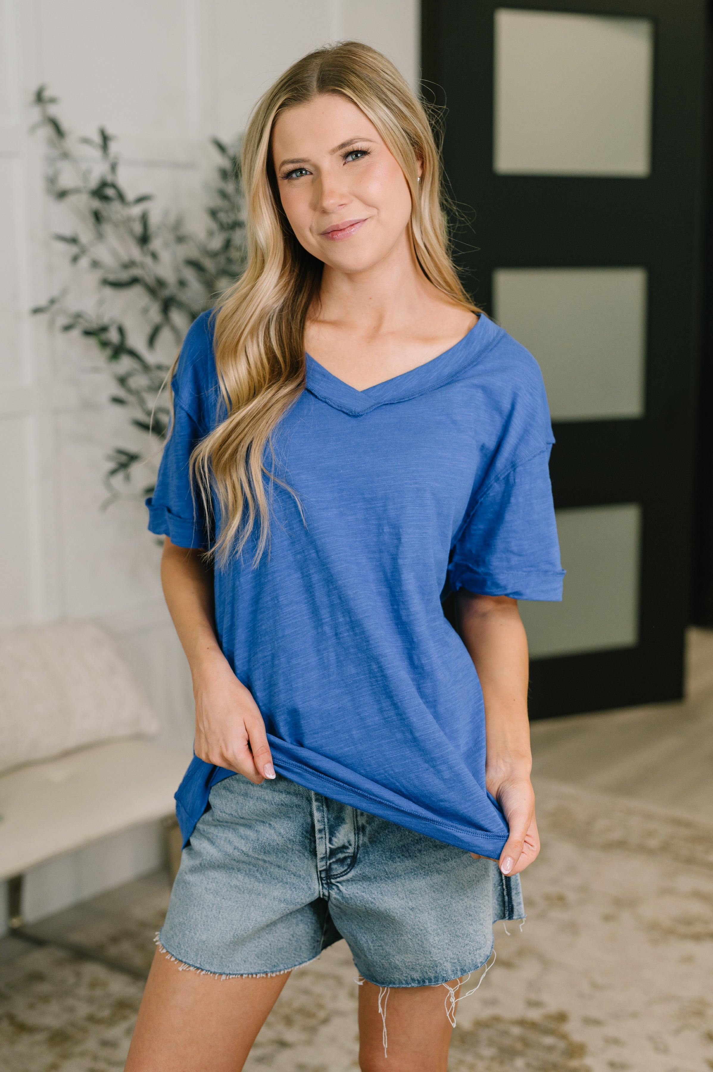 royal blue tee, women's v-neck t-shirt, relaxed fit cotton top, heathered knit shirt, drop shoulder tee, casual blue top, breathable cotton basics