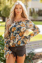 Luxury floral top, designer off-shoulder blouse, bell sleeve peplum, high-end bohemian fashion, smocked floral blouse, premium women's tops, boutique floral apparel.