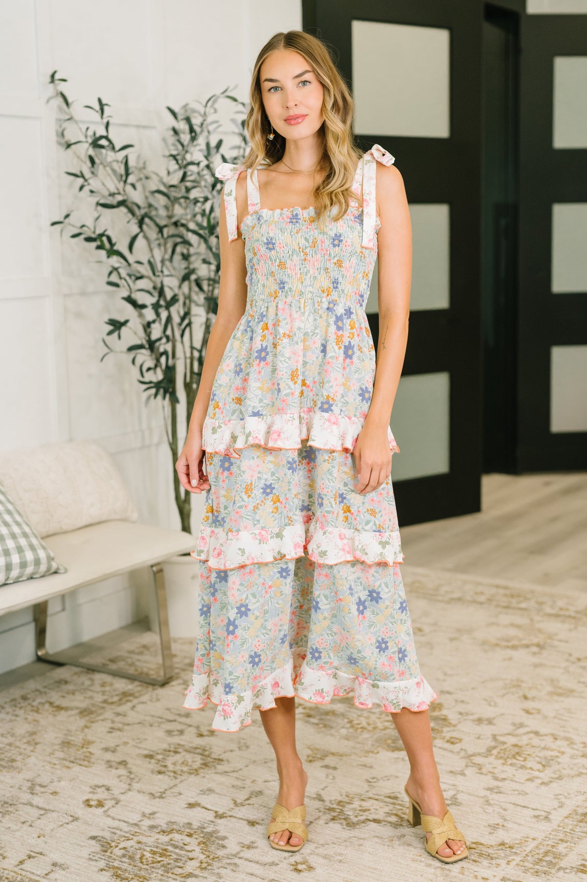 Sage floral maxi dress, smocked bodice dress, tiered ruffle dress, women’s dress with pockets, sage green summer dress, cottagecore maxi dress, adjustable tie shoulder dress, elegant tea-length dress.