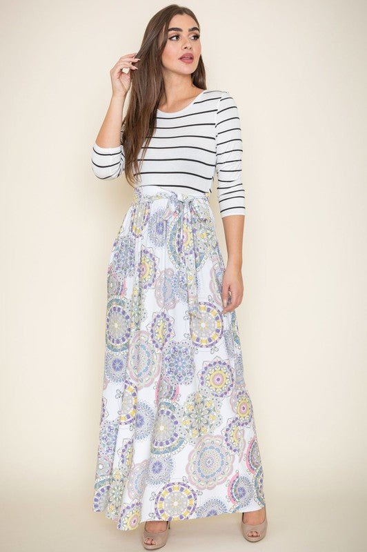 maxi dress with pockets, sash waist dress, striped boho maxi, made in USA clothing, floral long dress, women's casual maxi, 3/4 sleeve dress, bohemian summer dress