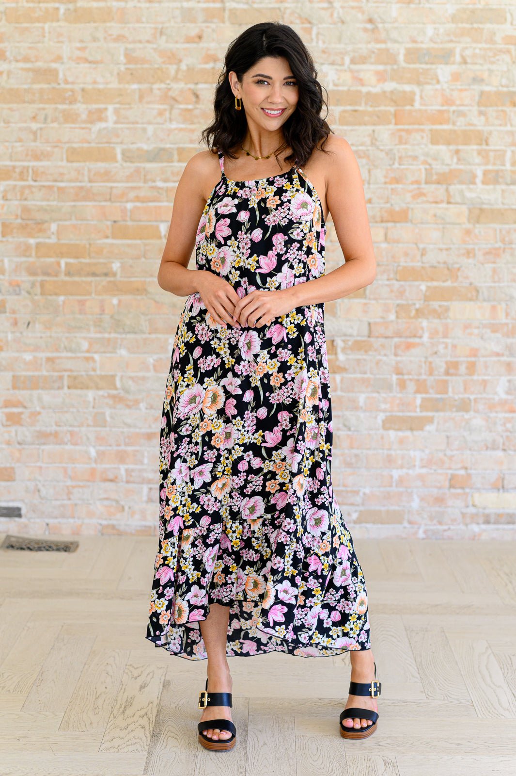 Floral Halter Dress, Ruffled Midi Dress, Summer Sun Dress, Keyhole Back Dress, Women's Floral Clothing, Boho Summer Outfit, Black Floral Maxi