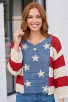 Patriotic sweater, Americana crochet top, 4th of July outfit, star applique sweater, flag print knitwear, lightweight summer sweater, pointelle crochet top, red white and blue sweater.