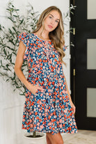 Flutter sleeve dress, navy and coral floral dress, tiered summer dress, dress with pockets, Petal to the Metal dress, women's boho floral dress, effortless spring style.