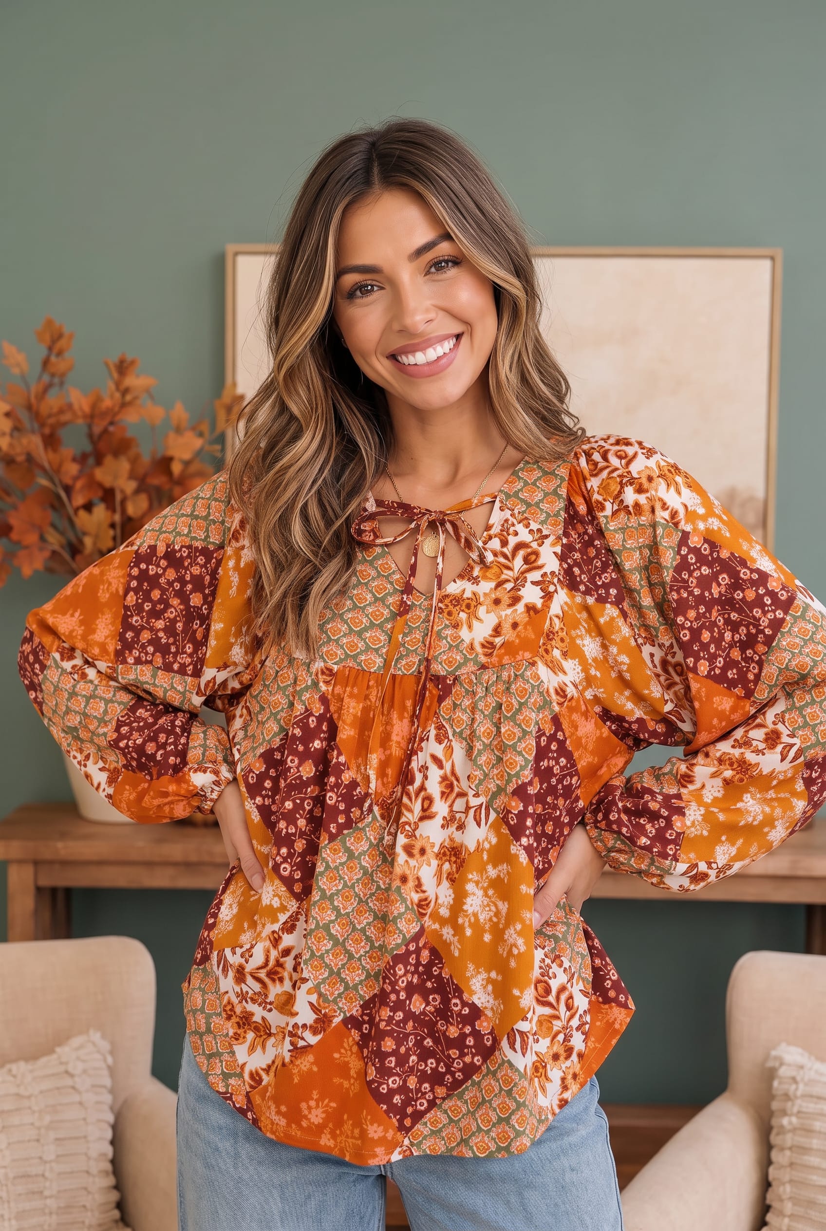 Rust Boho Blouse, Patchwork Floral Top, Babydoll Blouse, Autumn Fashion, Balloon Sleeve Top, Women's Fall Tops, Vintage Inspired Blouse, Rust Patchwork Top.