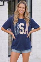 USA graphic tee, patriotic women's shirt, navy 4th of July top, daisy USA shirt, patchwork graphic tee, 100% cotton summer top, feminine patriotic apparel, Americana fashion.