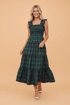 plaid midi dress, shirred bodice dress, tiered ruffle dress, sleeveless plaid dress, cottagecore style, square neck midi, vintage inspired dress, green plaid dress