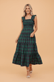 plaid midi dress, shirred bodice dress, tiered ruffle dress, sleeveless plaid dress, cottagecore style, square neck midi, vintage inspired dress, green plaid dress