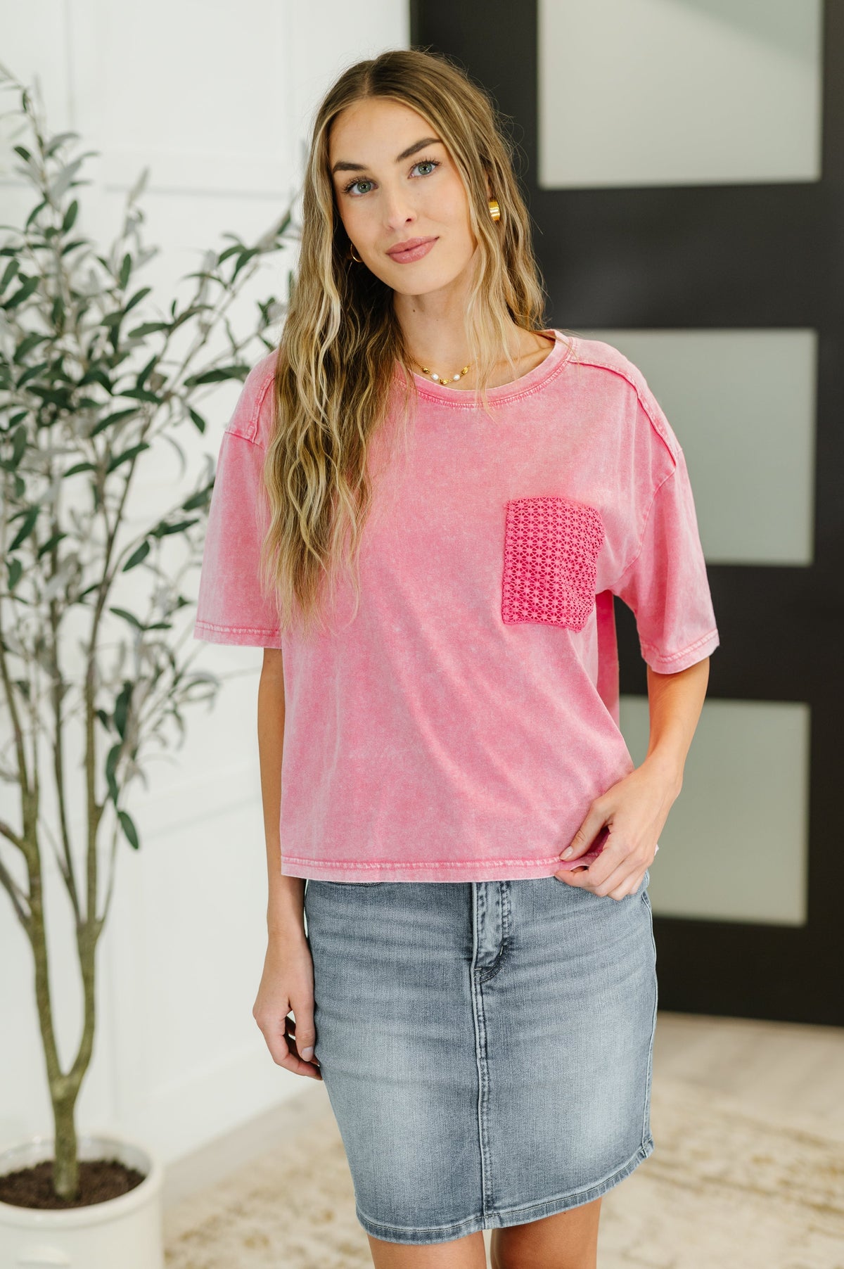 Women’s Crochet Pocket Tee, 100% Cotton T-Shirt, Boho Pink Top, Relaxed Fit Jersey Shirt, Drop Shoulder Tee, Whimsical Fashion, Mineral Wash Style Top, Comfortable Cotton Basics