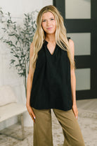 Black embroidered tank, 100% cotton tank top, floral sleeveless top, split neck ruffle blouse, women's summer boho top, A-line cotton tank, floral embroidery fashion.