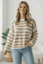 3D flower sweater, oversized floral knit, popcorn stripe sweater, boutique women's sweaters, long sleeve crewneck, casual spring knitwear, textured oversized sweater