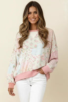 Patchwork top, floral sweatshirt, cottagecore fashion, women's French terry pullover, artistic printed top, vintage-inspired clothing, pink ribbed sweatshirt, stretchy casual top, feminine patchwork pullover.