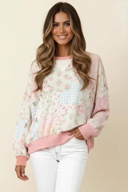 Patchwork top, floral sweatshirt, cottagecore fashion, women's French terry pullover, artistic printed top, vintage-inspired clothing, pink ribbed sweatshirt, stretchy casual top, feminine patchwork pullover.