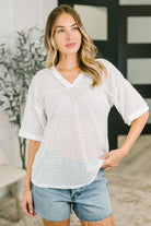 textured knit top, sheer oversized shirt, women’s V-neck knit, relaxed fit top, drop shoulder sweater, exposed seam fashion, summer layering top, white textured top, cable rib knit