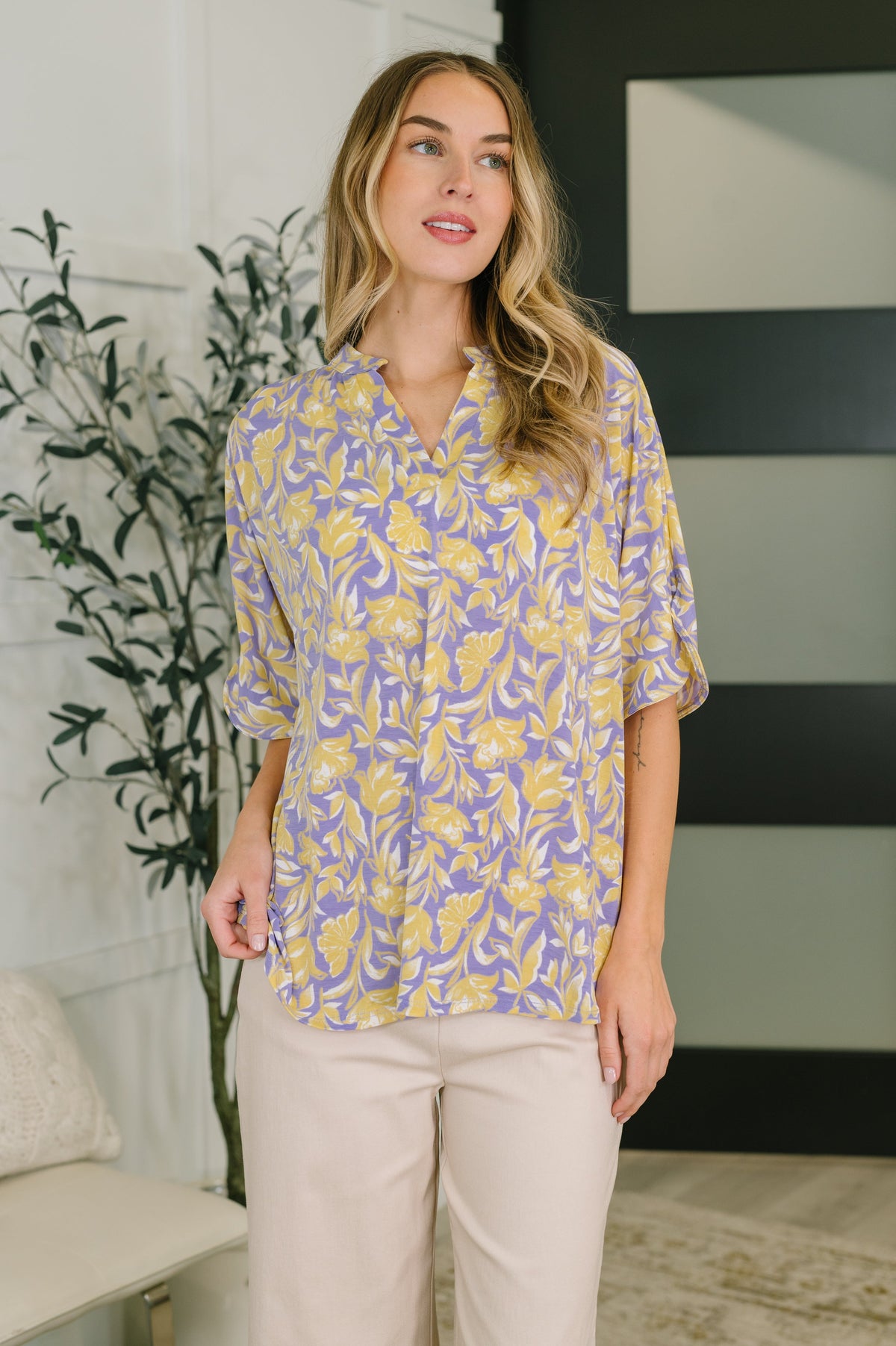 Floral blouse, dolman sleeve top, purple and yellow floral shirt, high stretch women's top, breezy summer blouse, Bulgari fabric clothing, loose fit floral top.