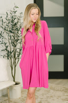 pink shirt dress, women's dress with pockets, high stretch bulgari dress, runway pink collared dress, professional pink dress, versatile mini dress, gold hardware dress
