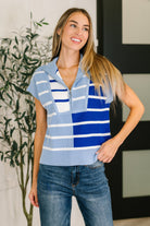 Striped sweater vest, quarter zip vest women, blue knit vest, nautical striped vest, sleeveless sweater, mid-weight layering piece, ribbed knit vest, chic travel clothes