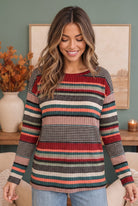 striped long sleeve top, ribbed knit shirt, multi-color stripe top, women's casual tops, autumn colored shirts, relaxed fit long sleeve, soft knit apparel, boutique striped top