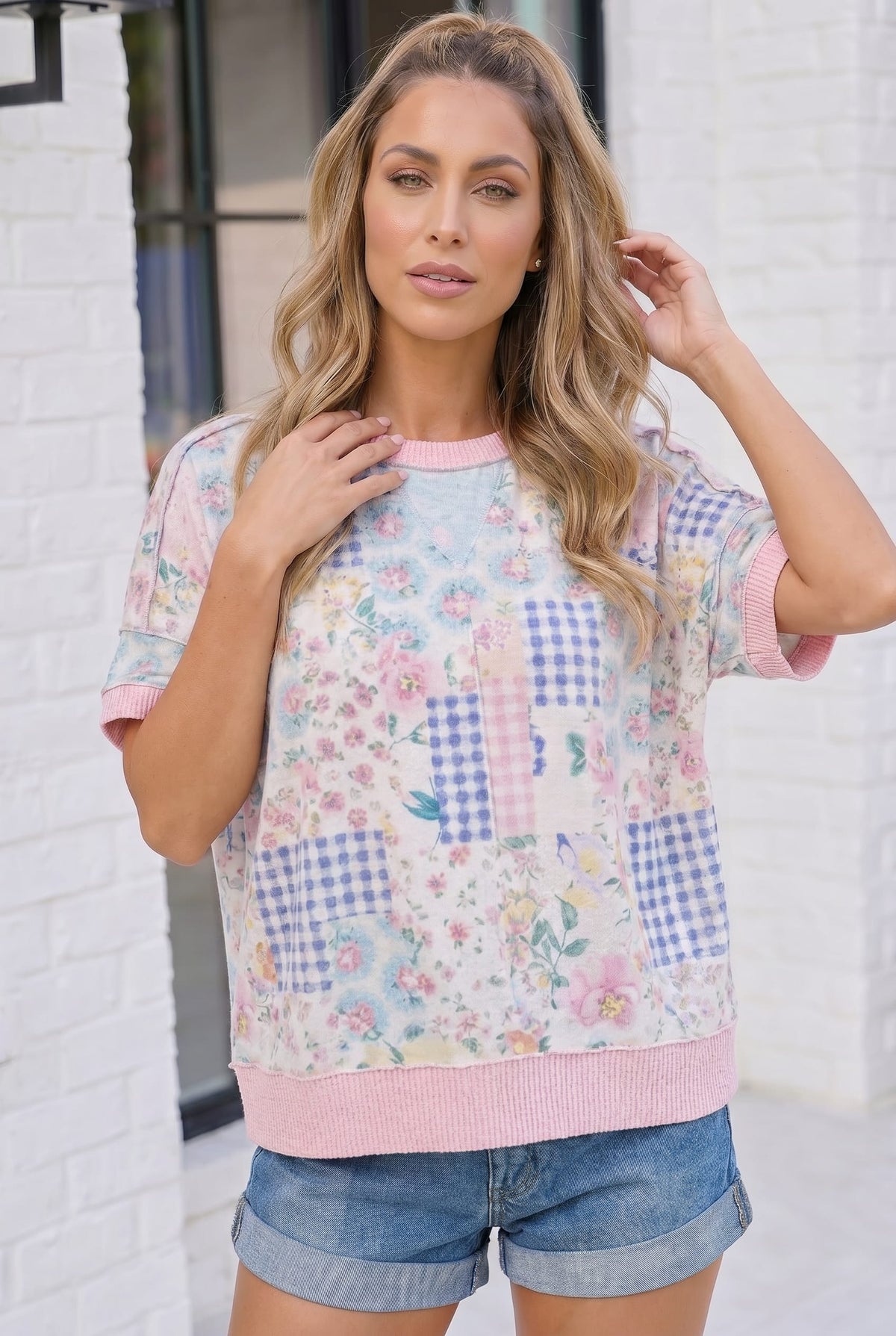 floral patchwork top, short sleeve sweatshirt, women's spring knitwear, gingham print sweatshirt, lightweight floral sweater, feminine casual top, relaxed fit sweatshirt, boutique spring tops