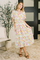 Floral Midi Dress, Smocked Waist Dress, Notch Neck Ruffle Dress, Women's Dress with Pockets, Tiered Knit Dress, Bohemian Floral Print, Effortless Day-to-Night Style