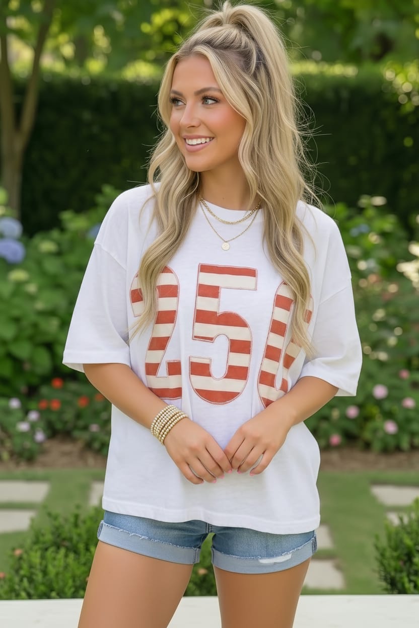 Oversized Graphic Tee, USA T-shirt, Vintage Sporty Top, 250 Graphic Shirt, Women's Cotton Tee, Americana Style, White Oversized T-shirt, Summer Graphic Tee