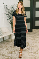 Striped midi dress, jersey t-shirt dress, black striped dress, cotton midi dress, casual V-neck dress, comfortable summer dress, women's everyday dress, stretch jersey midi.