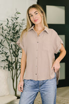 Crinkle woven shirt, Ash Mocha button down, women's collared top, textured blouse, effortless style, neutral summer tops, stepped hem shirt, lightweight layering piece, mocha short sleeve button down, women's casual fashion.