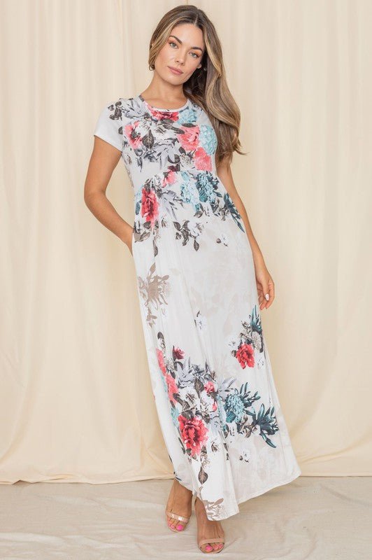 Floral Maxi Dress, Empire Waist Dress, Women’s Dress with Pockets, Made in USA Fashion, Summer Floral Print, Boho Maxi Dress, Travel-Friendly Dress