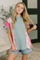 Color Block Top, Floral Knit Shirt, Waffle Knit Blouse, Women's Mixed Media Top, Trendy Boutique Clothing, Textured Knitwear, Sage and Pink Floral Top