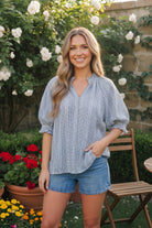 blue gingham blouse, puff sleeve top, women's oversized blouse, garden party outfit, ruffled sleeve top, split neck blouse, casual summer top, blue and white gingham, feminine spring fashion