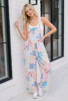 Pastel Patchwork Overalls, Floral Wide Leg Jumpsuit, Gingham Print Overalls, Cottagecore Fashion, Boho Summer Overalls, Women's Floral Romper, Lightweight Patchwork Jumpsuit