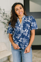 floral puff sleeve blouse, split neck floral top, women's blue floral blouse, cotton viscose blouse, feminine puff sleeve top, summer floral blouse, effortless chic clothing