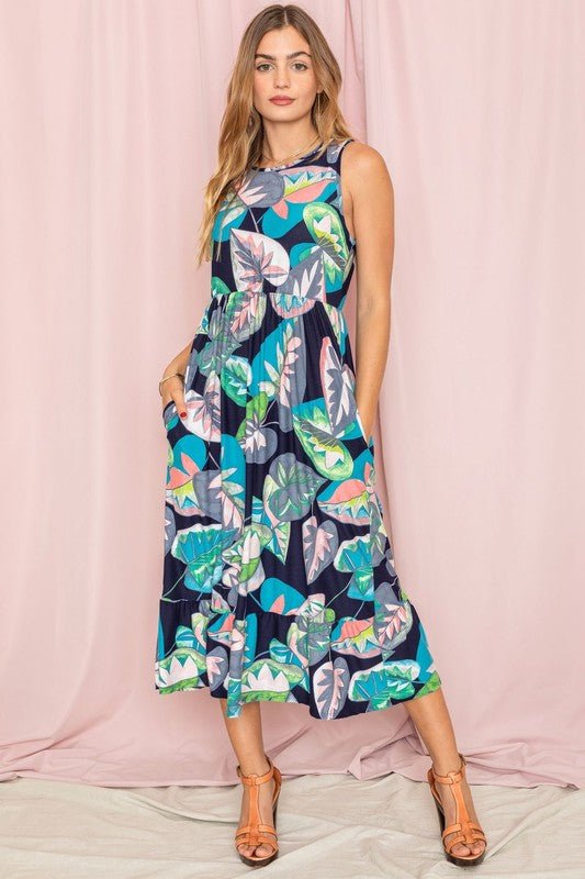 Sleeveless midi dress, tiered ruffle dress, made in USA dress, tropical print dress, tea length dress with pockets, summer botanical dress, women's sundress, medallion print midi.