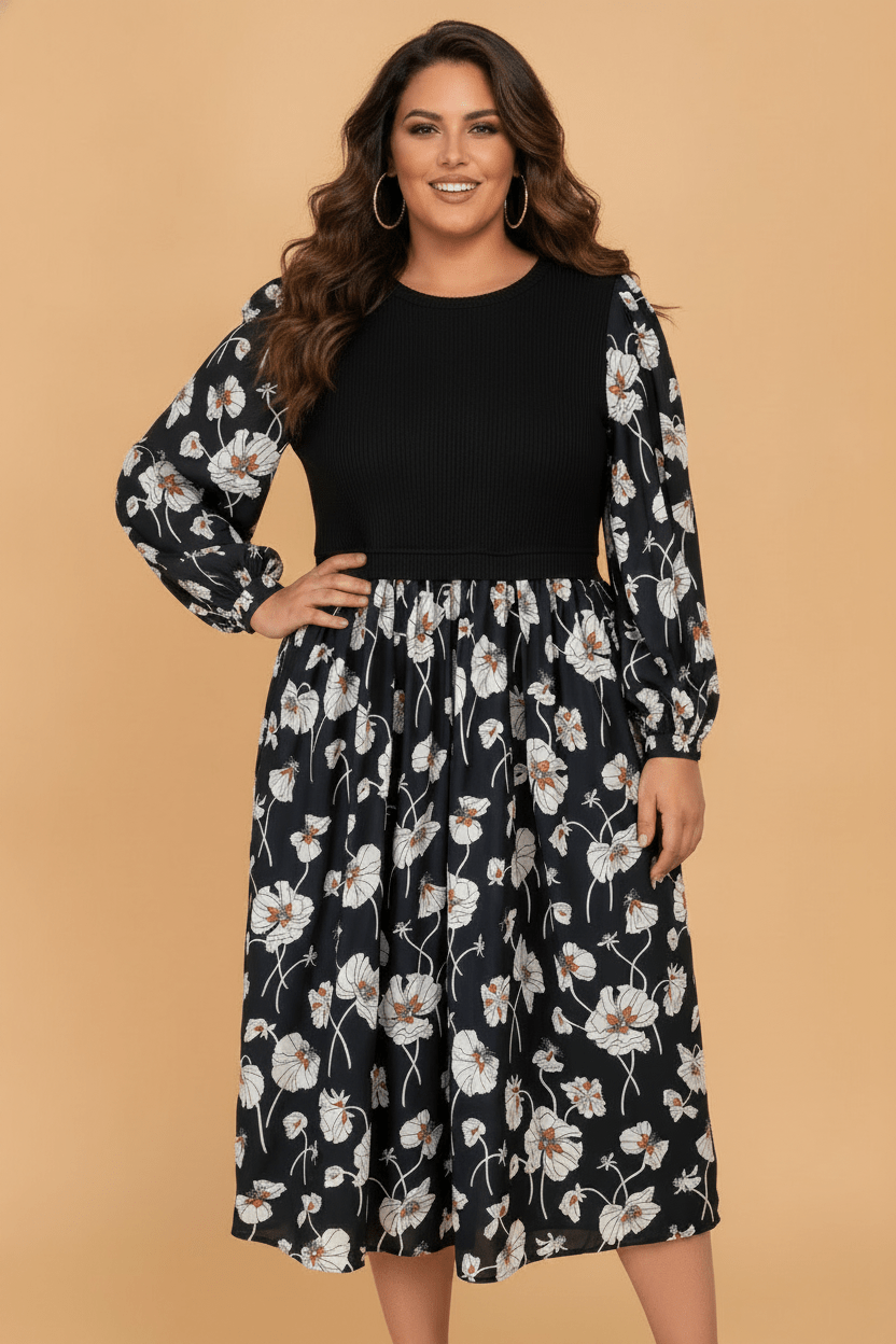 Plus Size Dress, Floral Midi Dress, Patchwork Ribbed Dress, Long Sleeve Plus Size, Women's Floral Fashion, Elegant Midi Dress, Colorblock Dress.