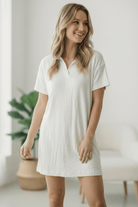 ivory lounge dress, textured tee dress, women's collared dress, casual t-shirt dress, ivory beach coverup, relaxed fit mini dress, rayon spandex dress, comfortable loungewear