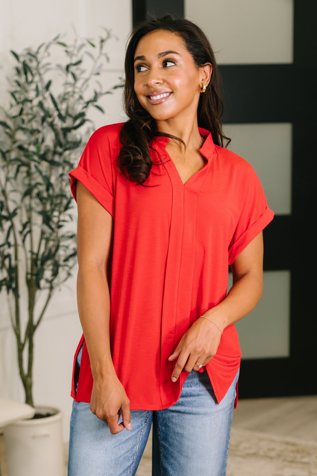Red blouse, split neck top, women's workwear, Bulgari fabric, high stretch blouse, Lizzy Bloom, red office shirt, casual elegance, professional women's tops.