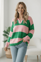 pink and green striped sweater, oversized polo sweater, collared knit top, preppy stripe sweater, notch neck sweater, women's oversized knitwear, colorblock sweater, sporty chic sweater