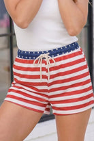 patriotic shorts, 4th of July apparel, Americana drawstring shorts, stars and stripes clothing, women’s summer festive wear, red white and blue shorts, beach cookout outfit