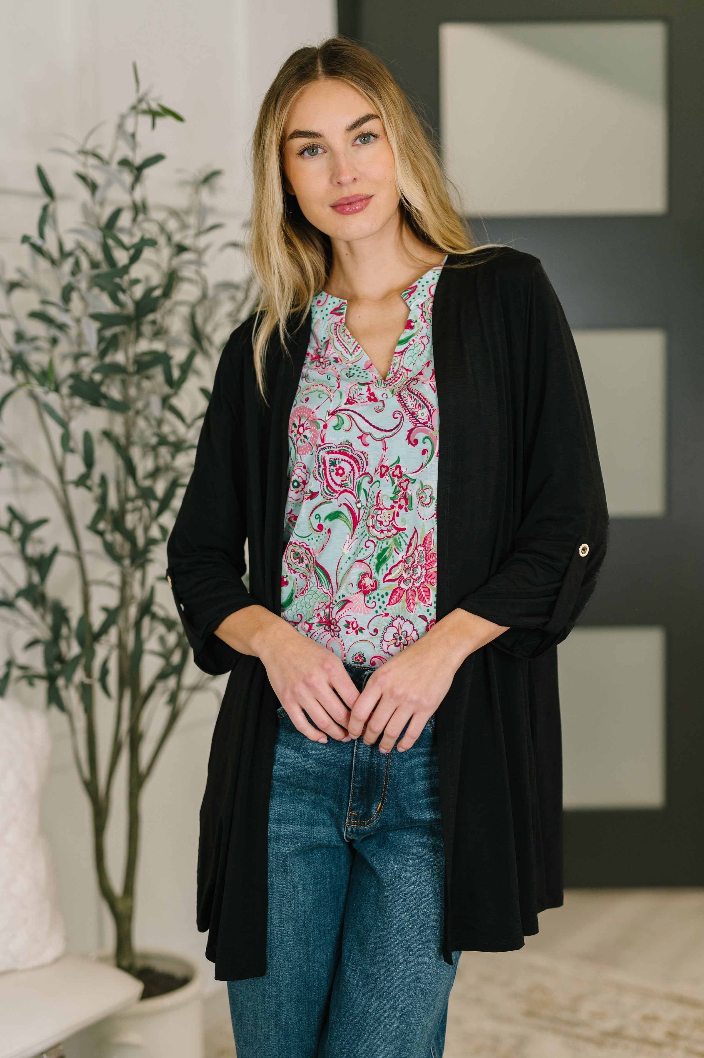 Black cardigan, lightweight women's cardigan, Bulgari fabric, wrinkle resistant travel wear, open front cardigan with pockets, 3/4 sleeve black sweater, breathable summer layer, pleated back cardigan.