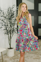 paisley tank dress, floral summer dress, wrinkle resistant dress, Bulgari fabric dress, sleeveless collared dress, tiered floral dress, cooling travel dress, women’s resort wear