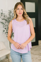 Lilac tank top, waffle knit shirt, women's sleeveless top, round neck tank, lavender summer top, textured tank top, Thread Theory clothing, casual women's fashion.