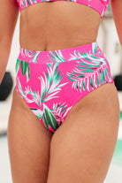 High waisted swim bottoms, tropical print bikini, pink palm swimwear, cheeky bikini bottoms, ribbed swim fabric, flattering beachwear, Barbados swim collection.